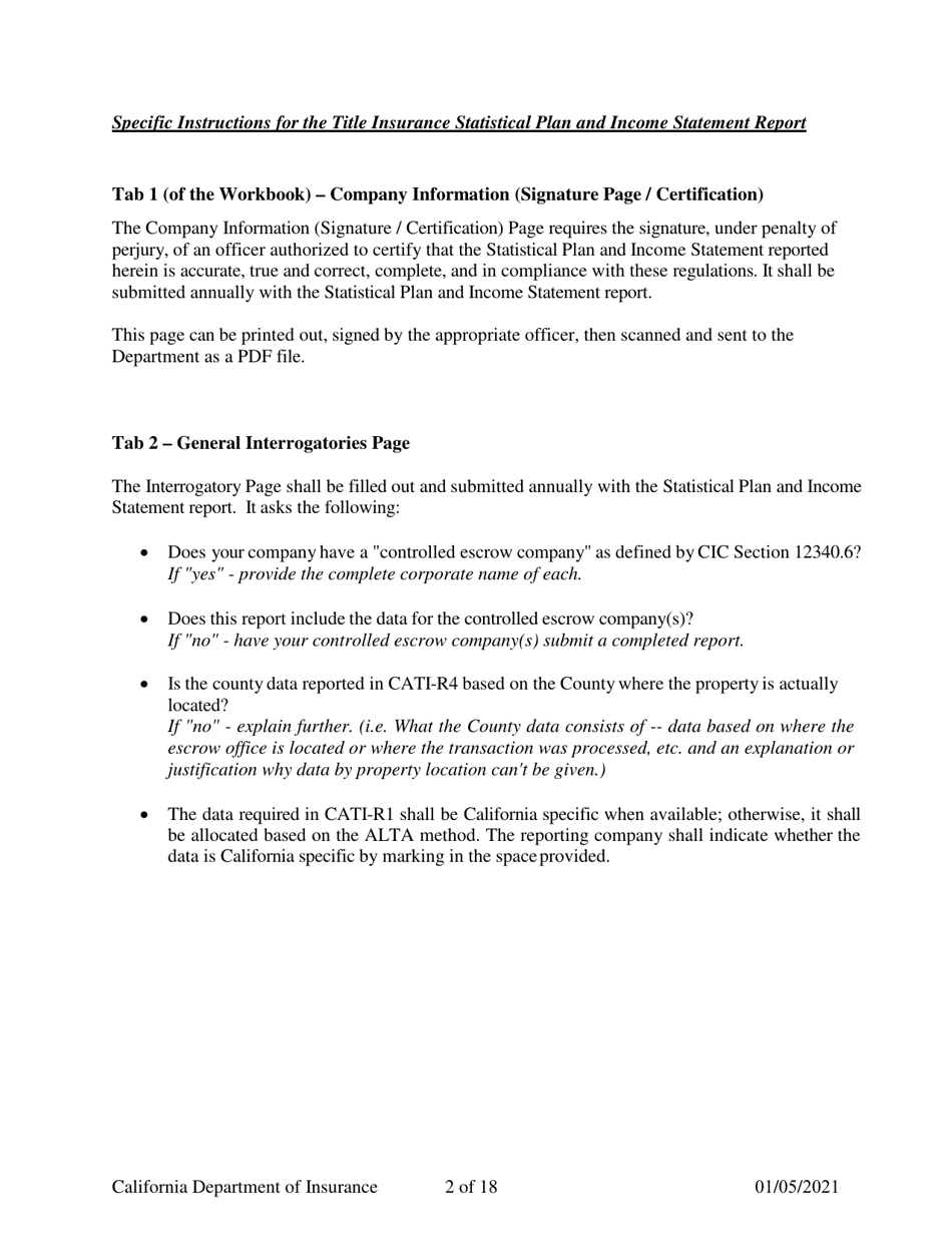 Instructions for California Title Insurance Statistical Plan and Income Statement Report - California, Page 2