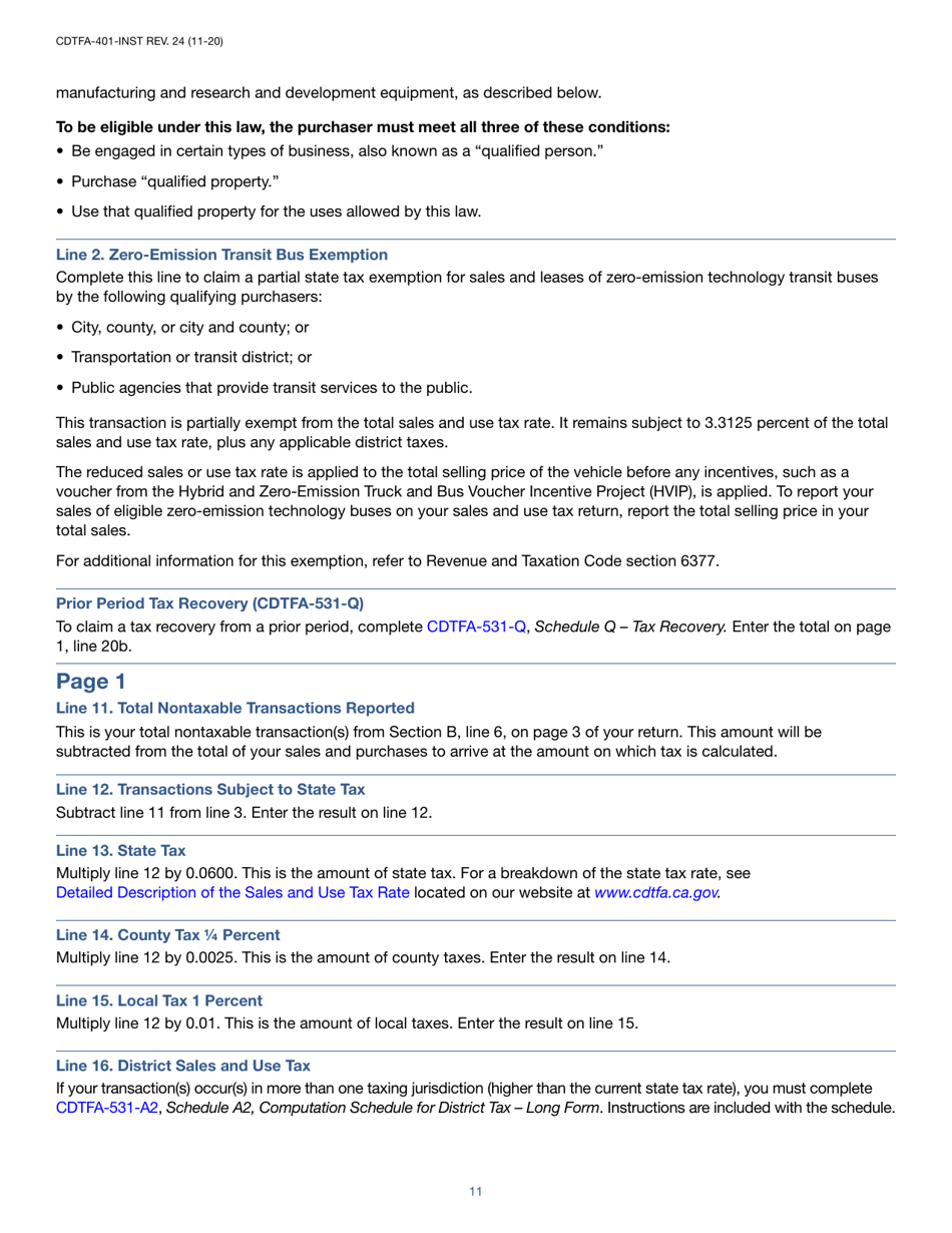 Instructions for Form CDTFA-401-A State, Local, and District Sales and Use Tax Return - California, Page 11