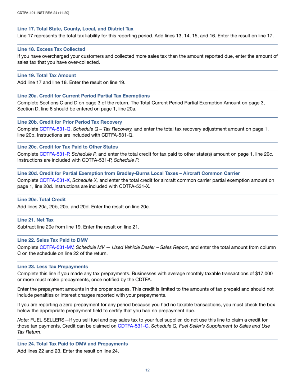 Instructions for Form CDTFA-401-A State, Local, and District Sales and Use Tax Return - California, Page 12
