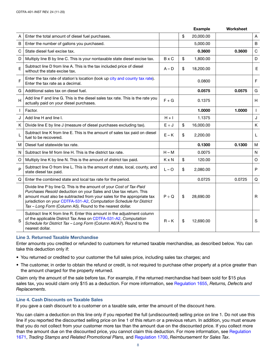 Instructions for Form CDTFA-401-A State, Local, and District Sales and Use Tax Return - California, Page 8