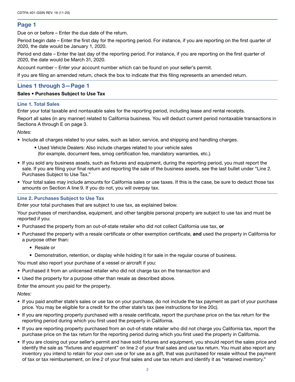 Instructions for Form CDTFA-401-GS State, Local, and District Sales and Use Tax Return - California, Page 2