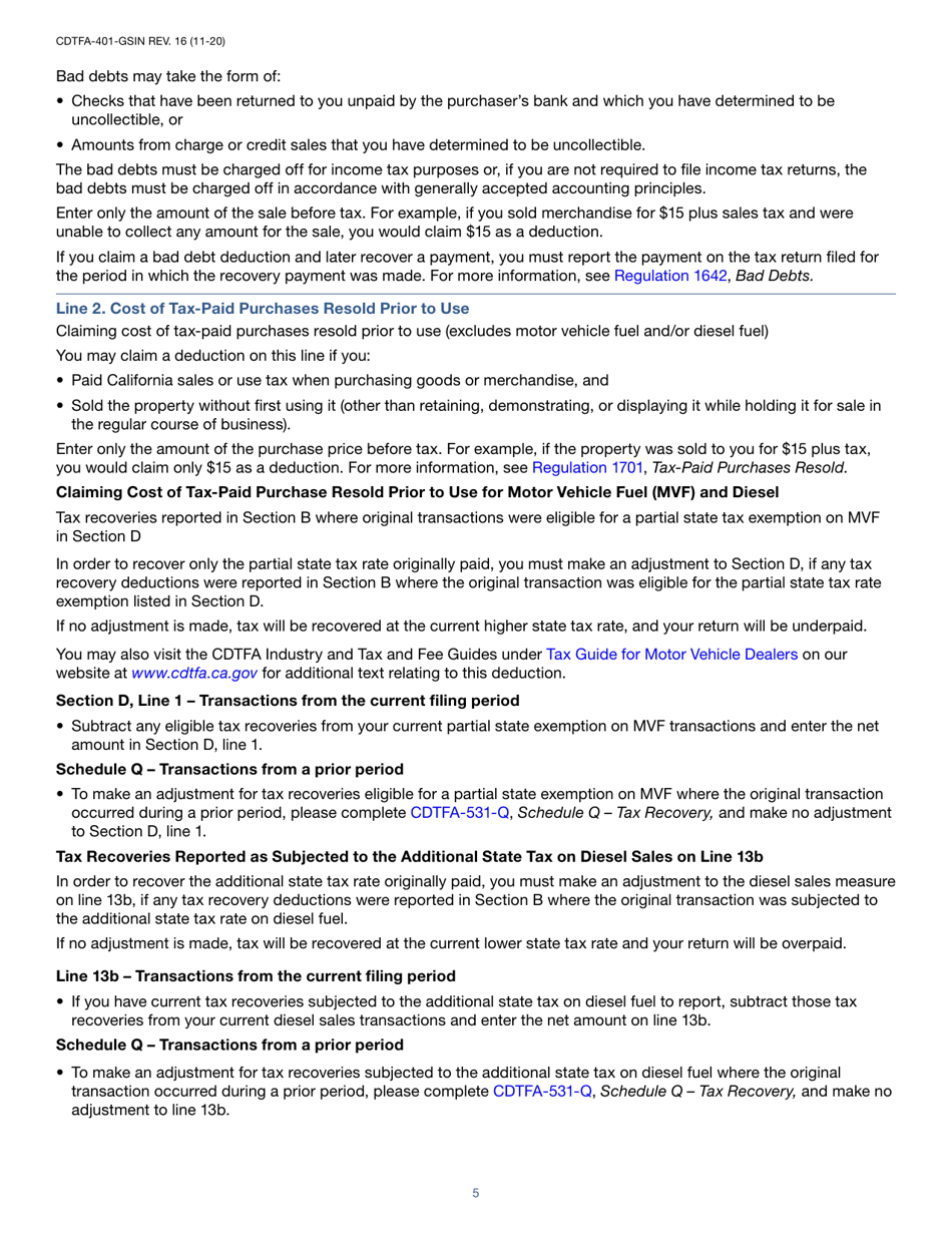 Instructions for Form CDTFA-401-GS State, Local, and District Sales and Use Tax Return - California, Page 5