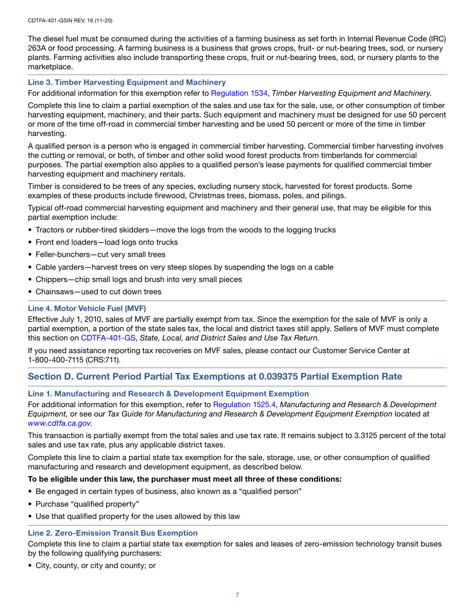Instructions for Form CDTFA-401-GS State, Local, and District Sales and Use Tax Return - California, Page 7