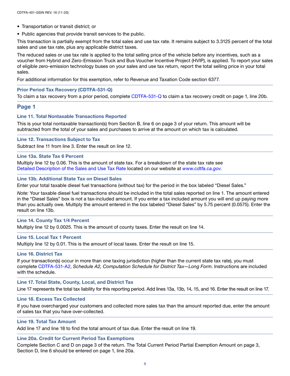 Instructions for Form CDTFA-401-GS State, Local, and District Sales and Use Tax Return - California, Page 8