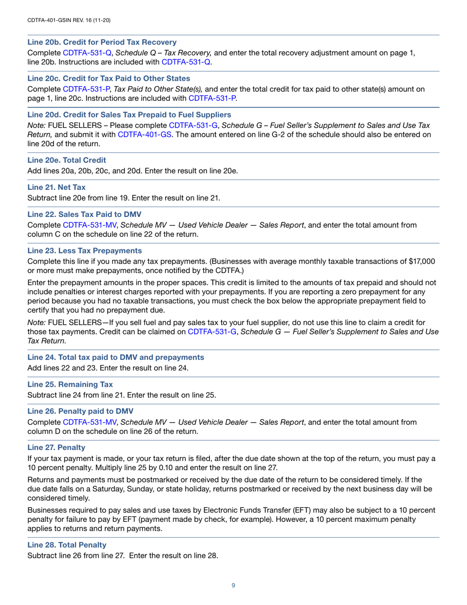 Instructions for Form CDTFA-401-GS State, Local, and District Sales and Use Tax Return - California, Page 9