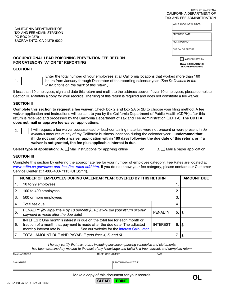 Form CDTFA-501-LA Occupational Lead Poisoning Prevention Fee Return for Category a or b Reporting - California, Page 1