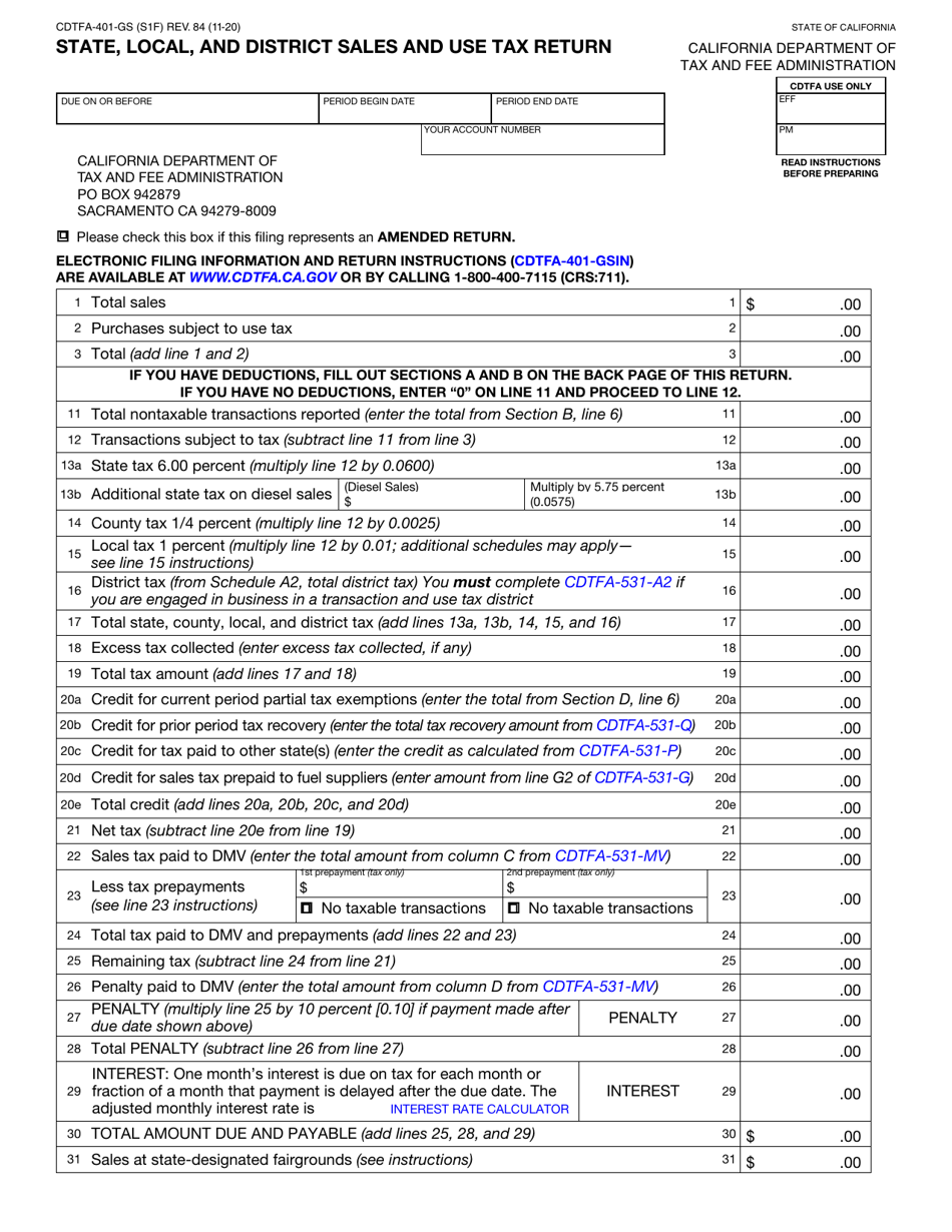 Form CDTFA-401-GS State, Local, and District Sales and Use Tax Return - California, Page 1
