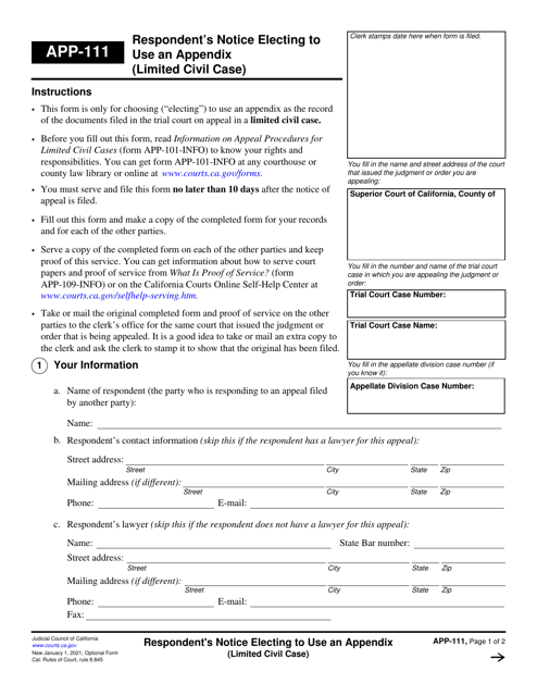 Form APP-111 Respondent's Notice Electing to Use an Appendix (Limited Civil Case) - California