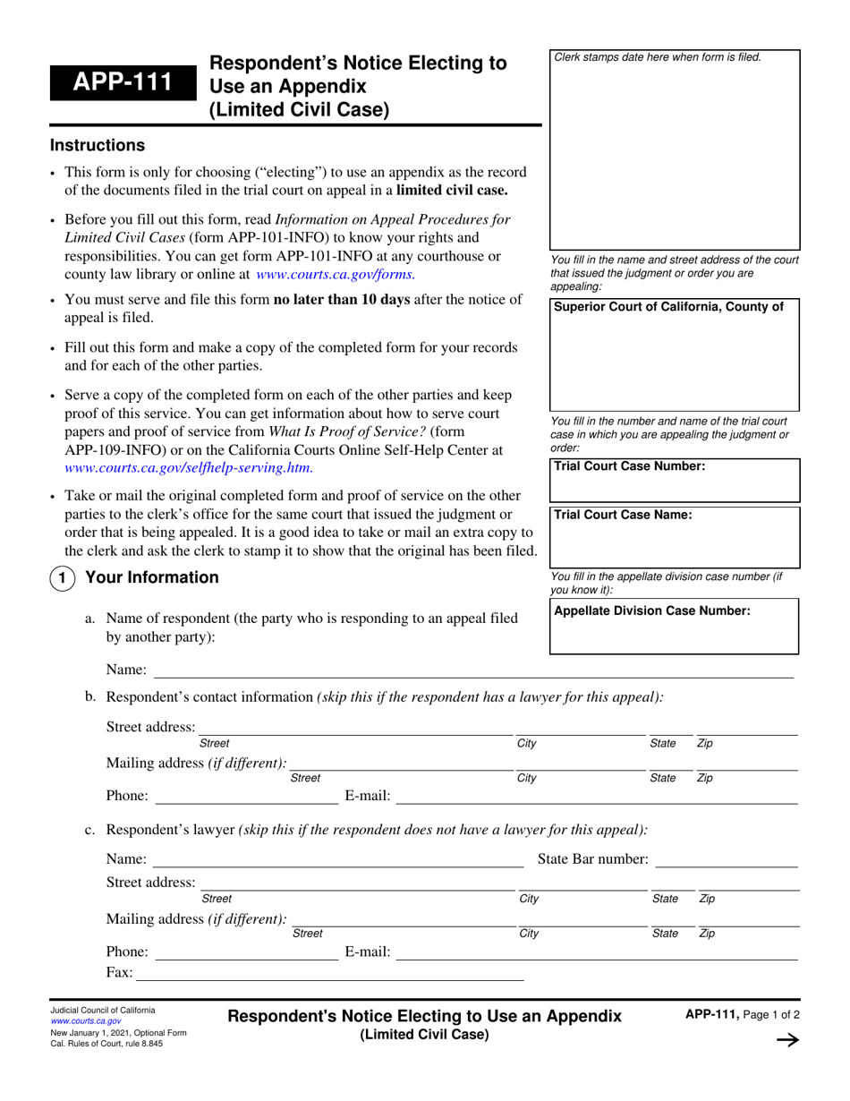 Form APP-111 Respondents Notice Electing to Use an Appendix (Limited Civil Case) - California, Page 1