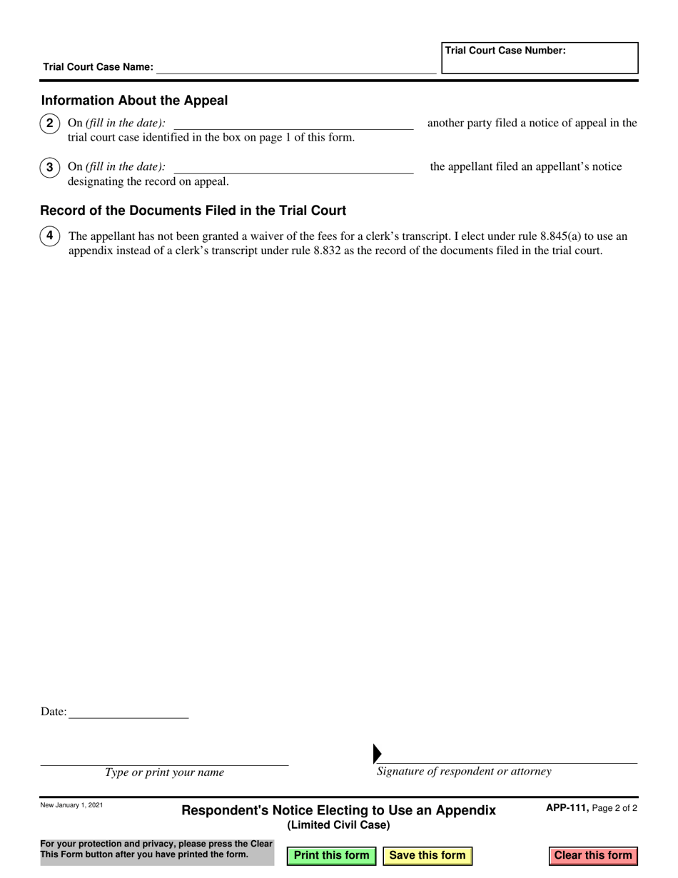 Form APP-111 Respondents Notice Electing to Use an Appendix (Limited Civil Case) - California, Page 2