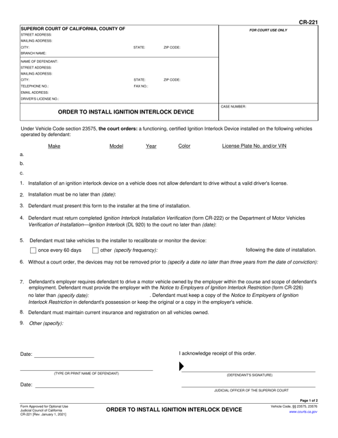 Form CR-221 Order to Install Ignition Interlock Device - California