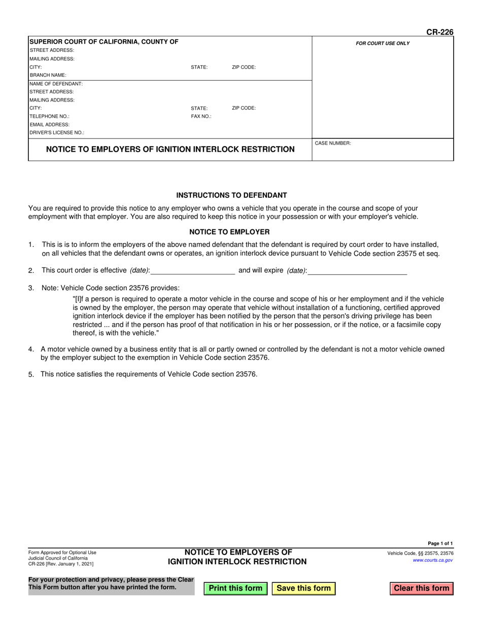 Form CR-226 Notice to Employers of Ignition Interlock Restriction - California, Page 1