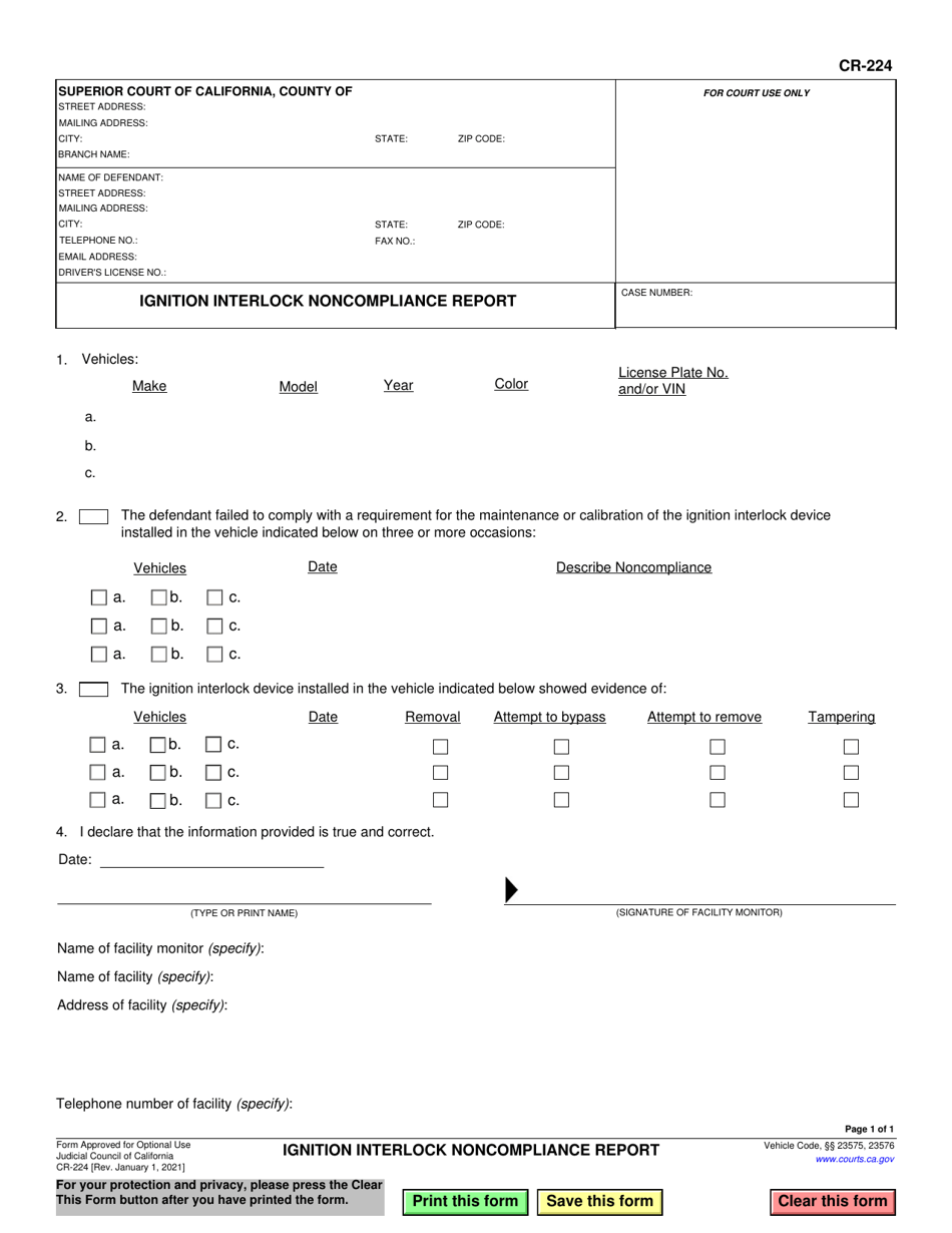 Form CR-224 Ignition Interlock Noncompliance Report - California, Page 1