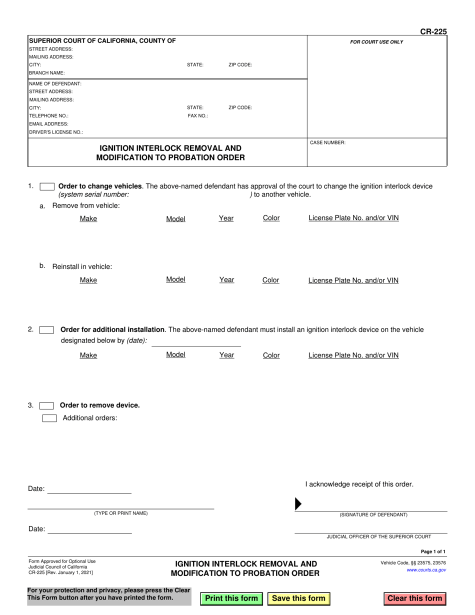 Form CR-225 Ignition Interlock Removal and Modification to Probation Order - California, Page 1