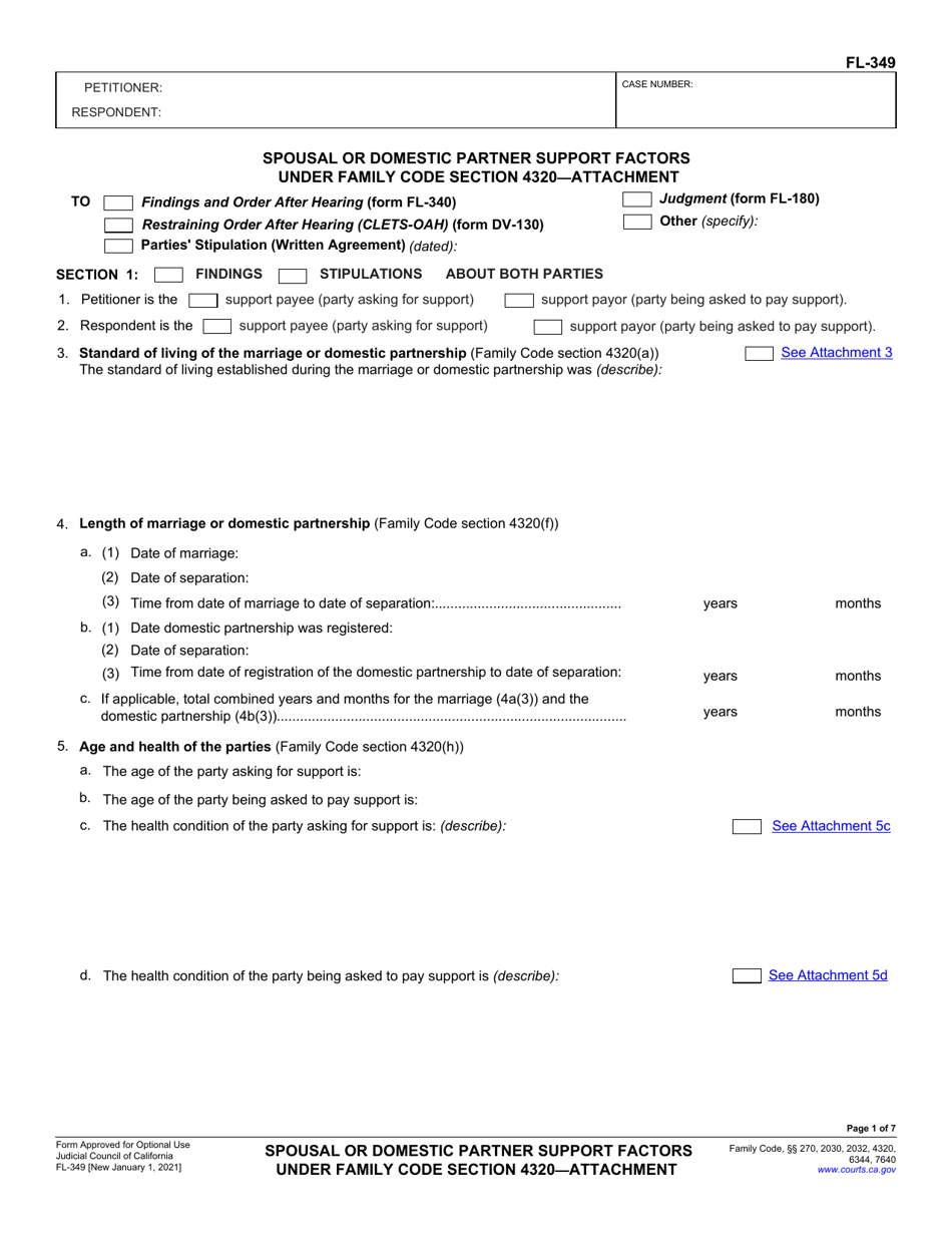 Form FL-349 Spousal or Domestic Partner Support Factors Under Family Code Section 4320 - Attachment - California, Page 1