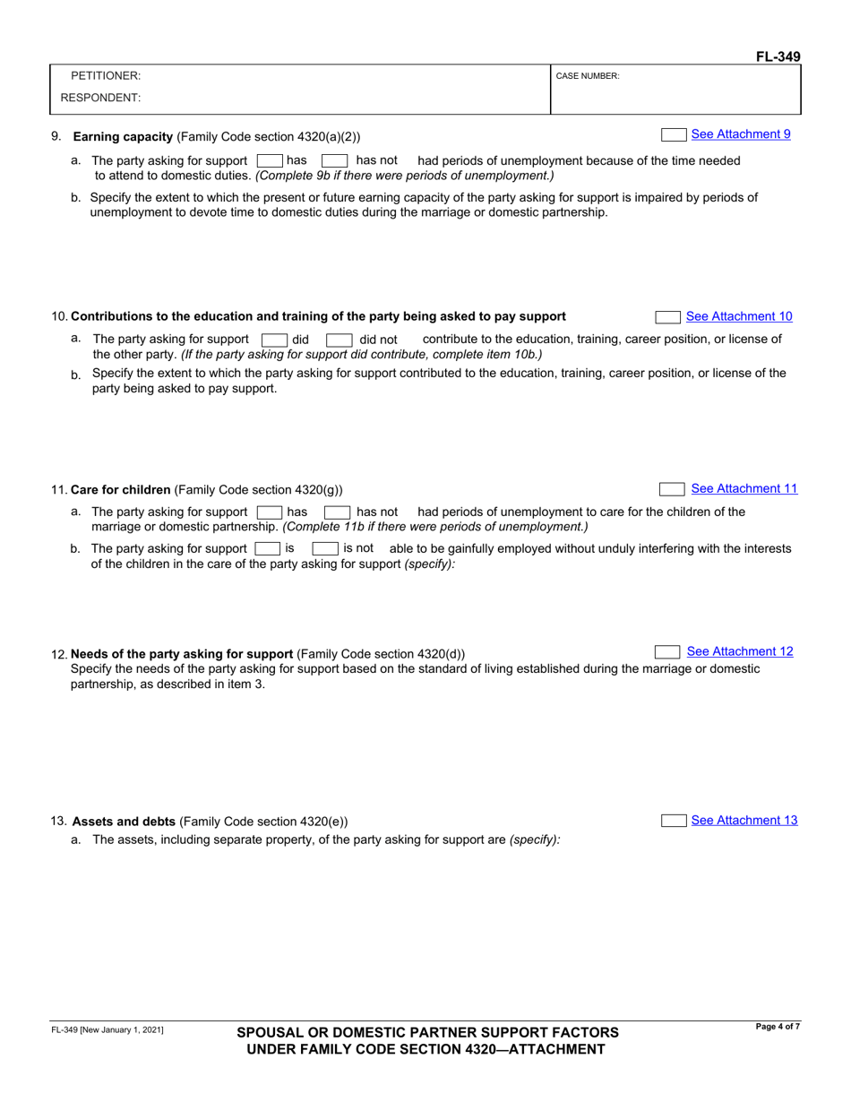 Form FL-349 Spousal or Domestic Partner Support Factors Under Family Code Section 4320 - Attachment - California, Page 4