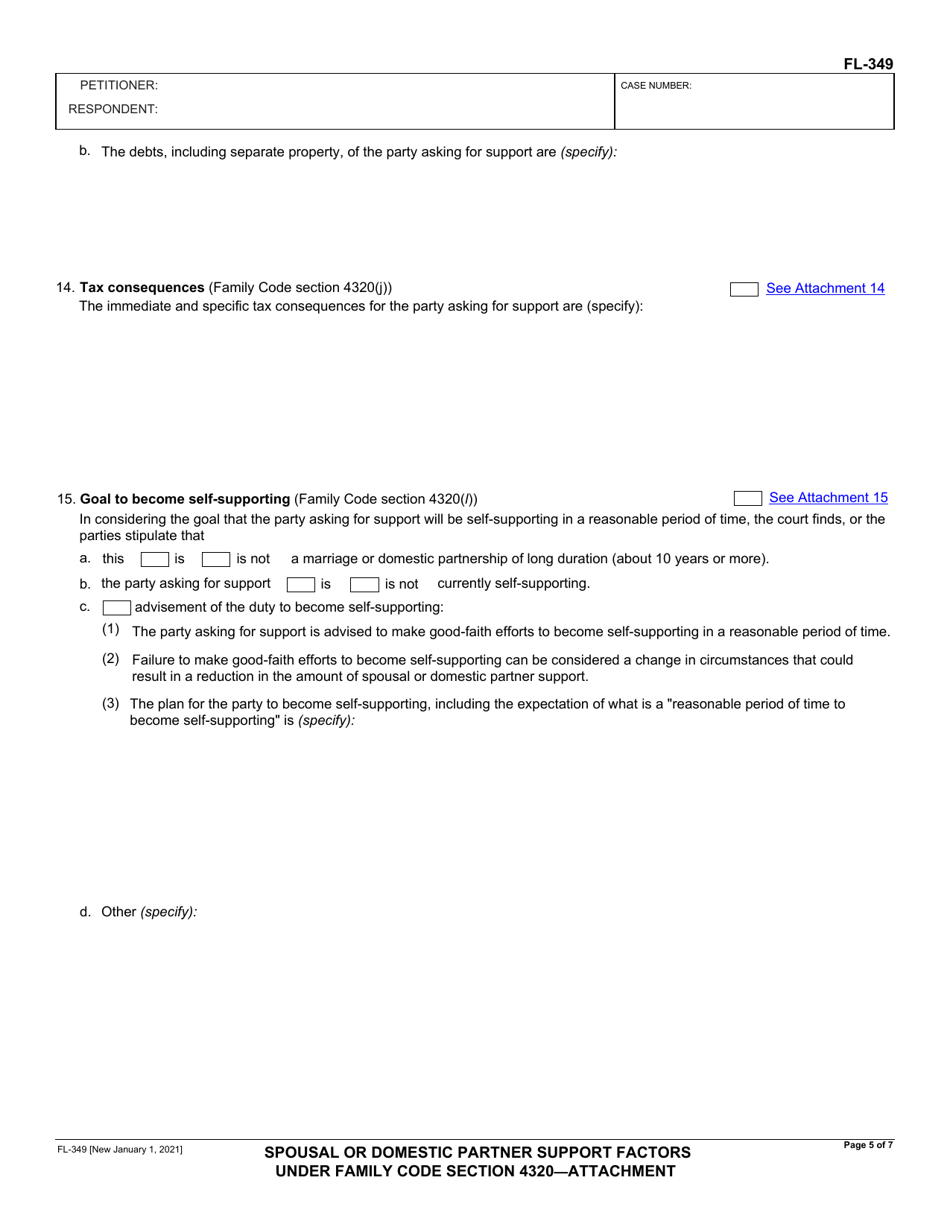 Form FL-349 Spousal or Domestic Partner Support Factors Under Family Code Section 4320 - Attachment - California, Page 5
