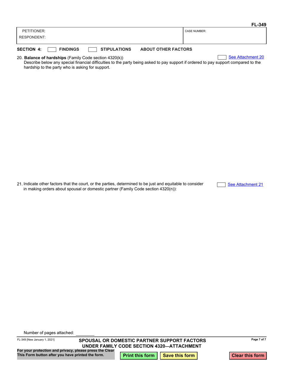 Form FL-349 Spousal or Domestic Partner Support Factors Under Family Code Section 4320 - Attachment - California, Page 7