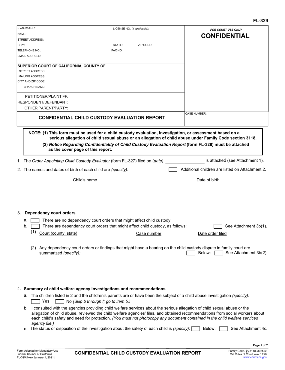Form FL-329 Confidential Child Custody Evaluation Report - California, Page 1