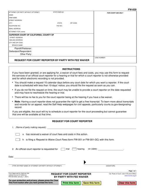 Form FW-020 Request for Court Reporter by Party With Fee Waiver - California