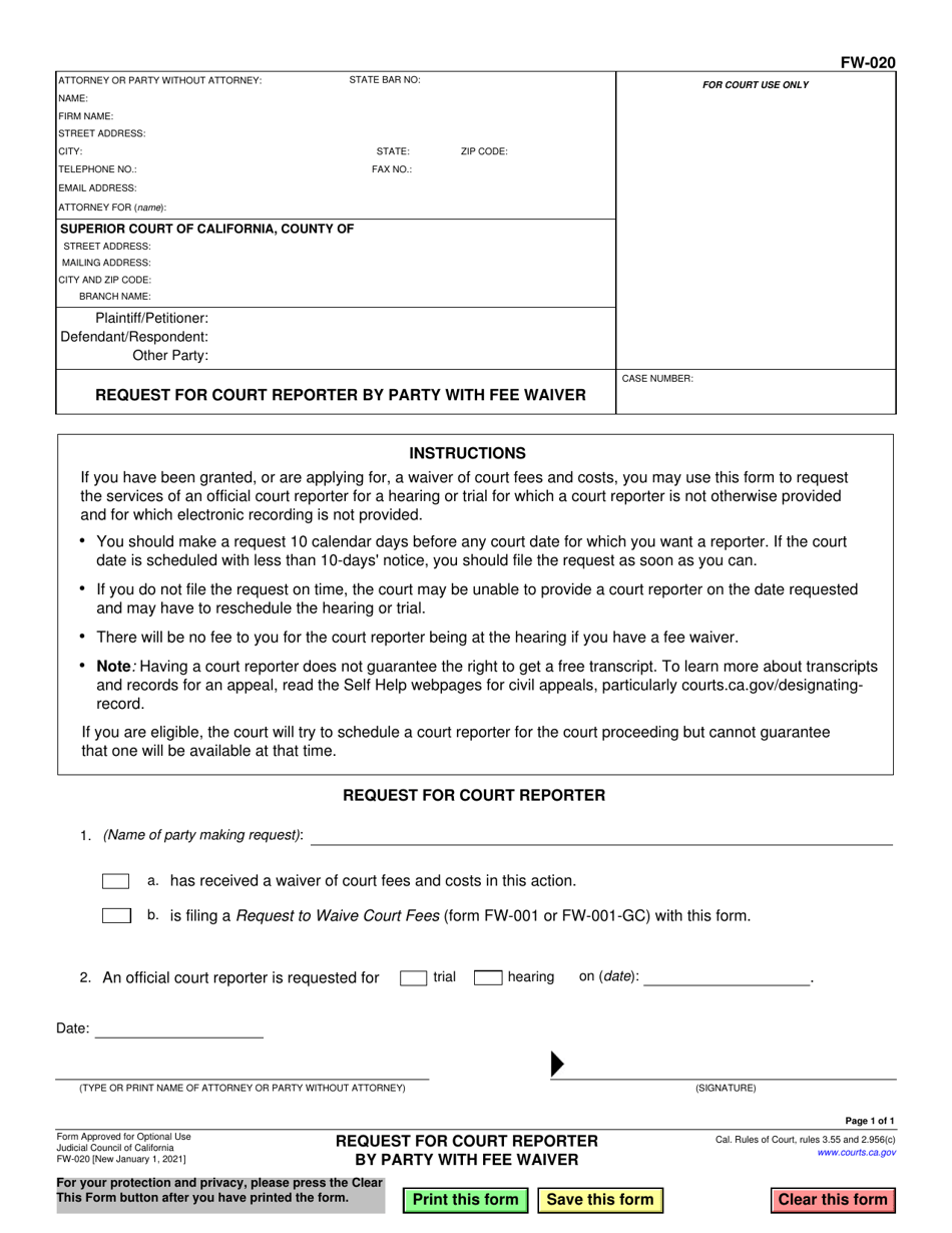 Form FW-020 Request for Court Reporter by Party With Fee Waiver - California, Page 1