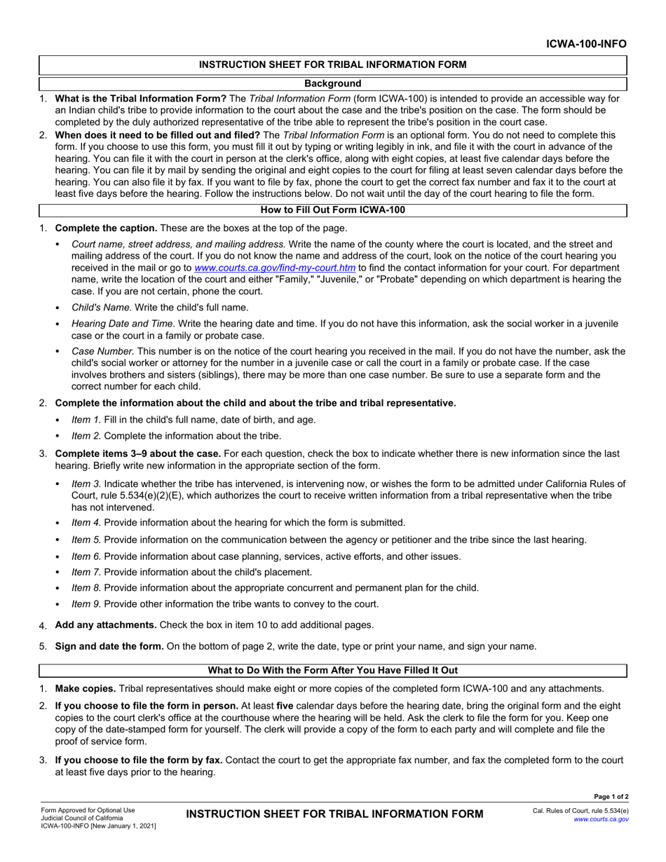 Instructions for Form ICWA-100 Tribal Information Form - California, Page 1