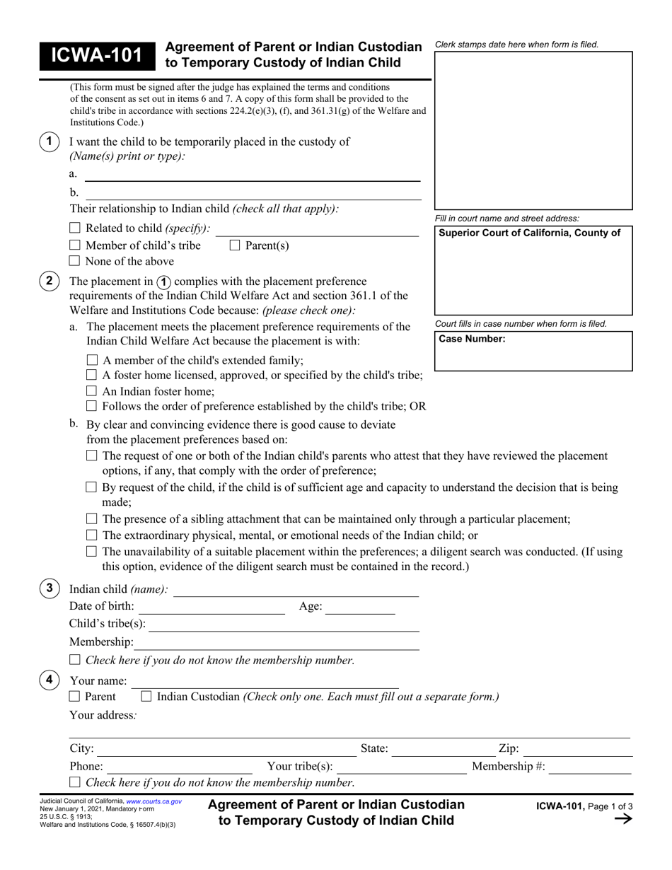 Form ICWA-101 Agreement of Parent or Indian Custodian to Temporary Custody of Indian Child - California, Page 1