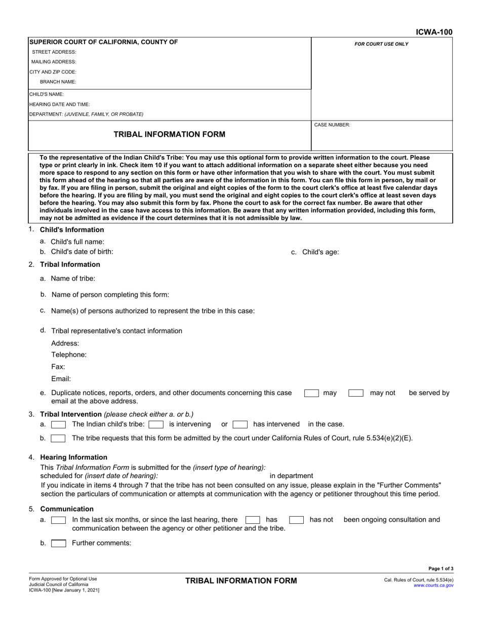 Form ICWA-100 Tribal Information Form - California, Page 1