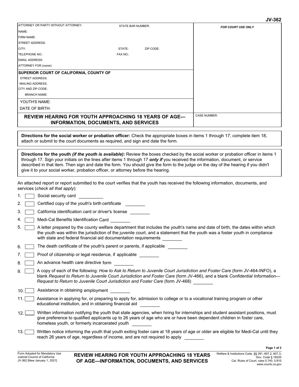 Form JV-362 Review Hearing for Youth Approaching 18 Years of Age - Information, Documents, and Services - California, Page 1