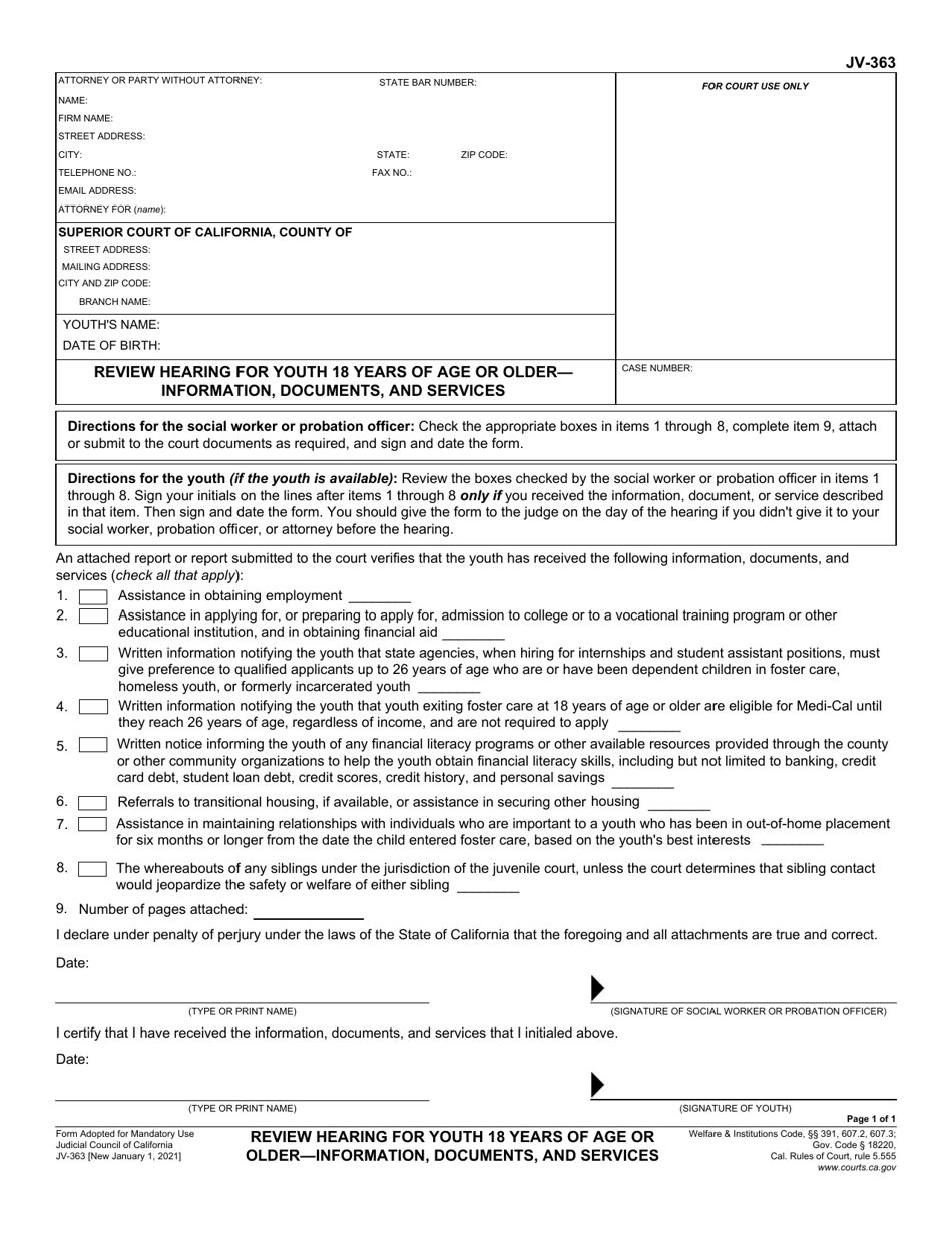 Form JV-363 Review Hearing for Youth 18 Years of Age or Older - Information, Documents, and Services - California, Page 1