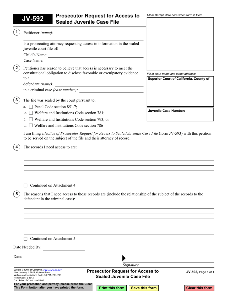 Form JV-592 Prosecutor Request for Access to Sealed Juvenile Case File - California, Page 1