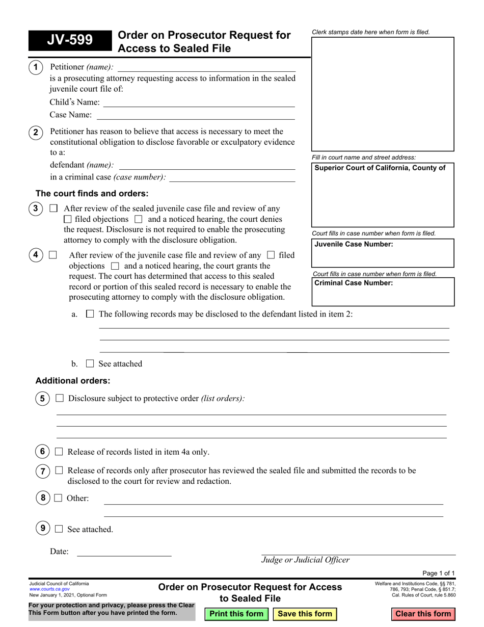 Form JV-599 Order on Prosecutor Request for Access to Sealed File - California, Page 1