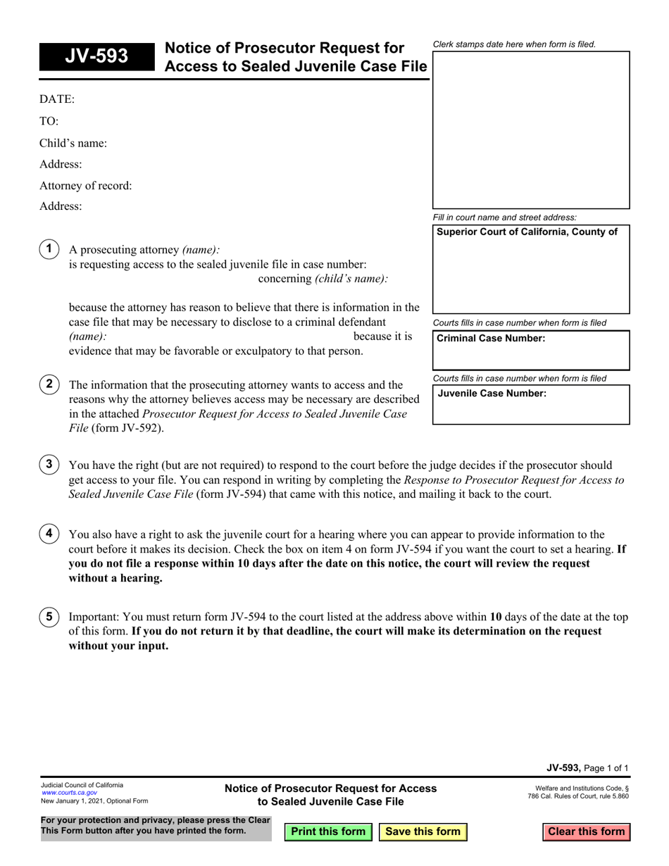 Form JV-593 Notice of Prosecutor Request for Access to Sealed Juvenile Case File - California, Page 1