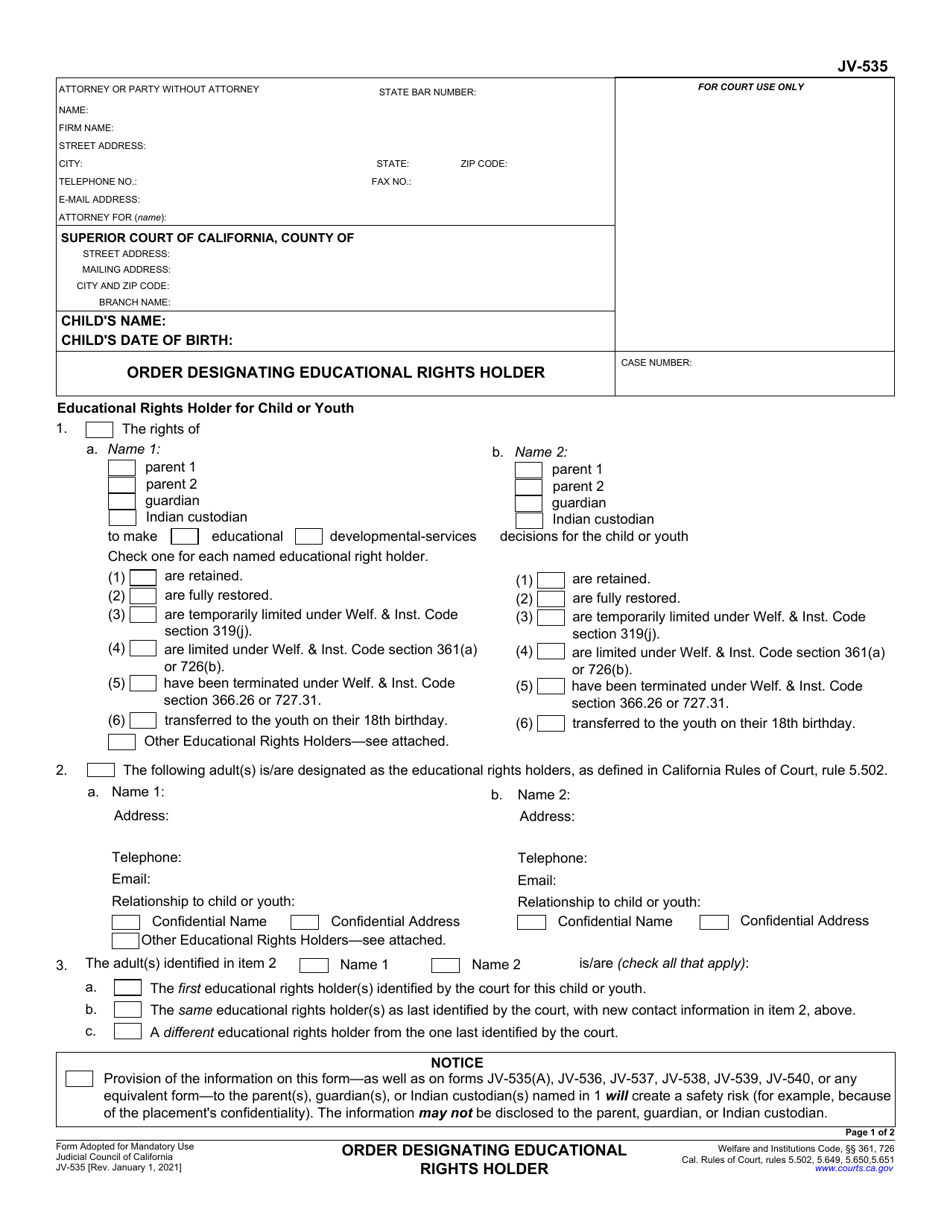 Form JV-535 Order Designating Educational Rights Holder - California, Page 1