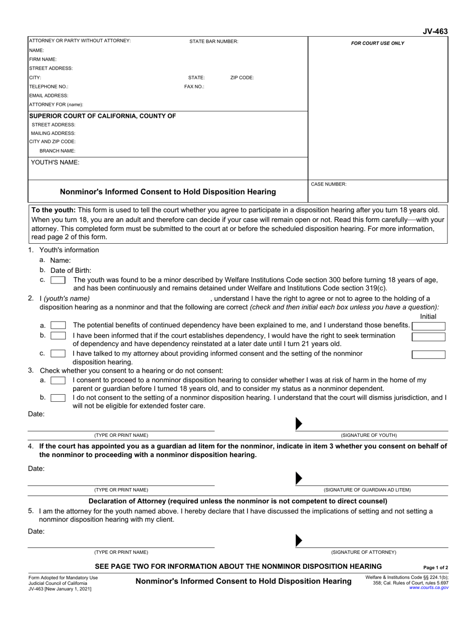 Form JV-463 Nonminors Informed Consent to Hold Disposition Hearing - California, Page 1