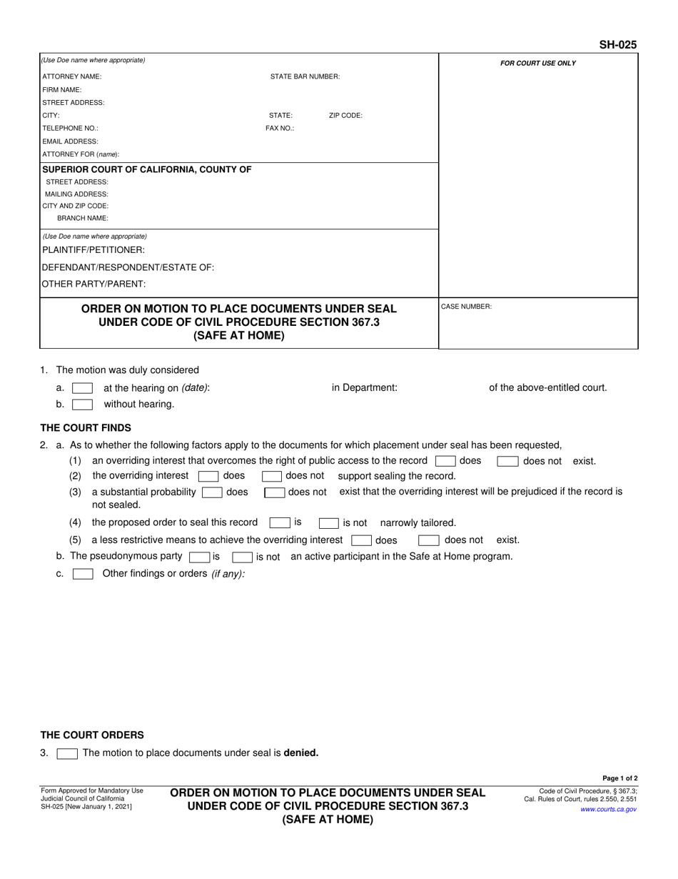 Form SH-025 Order on Motion to Place Documents Under Seal Under Code of Civil Procedure Section 367.3 (Safe at Home) - California, Page 1