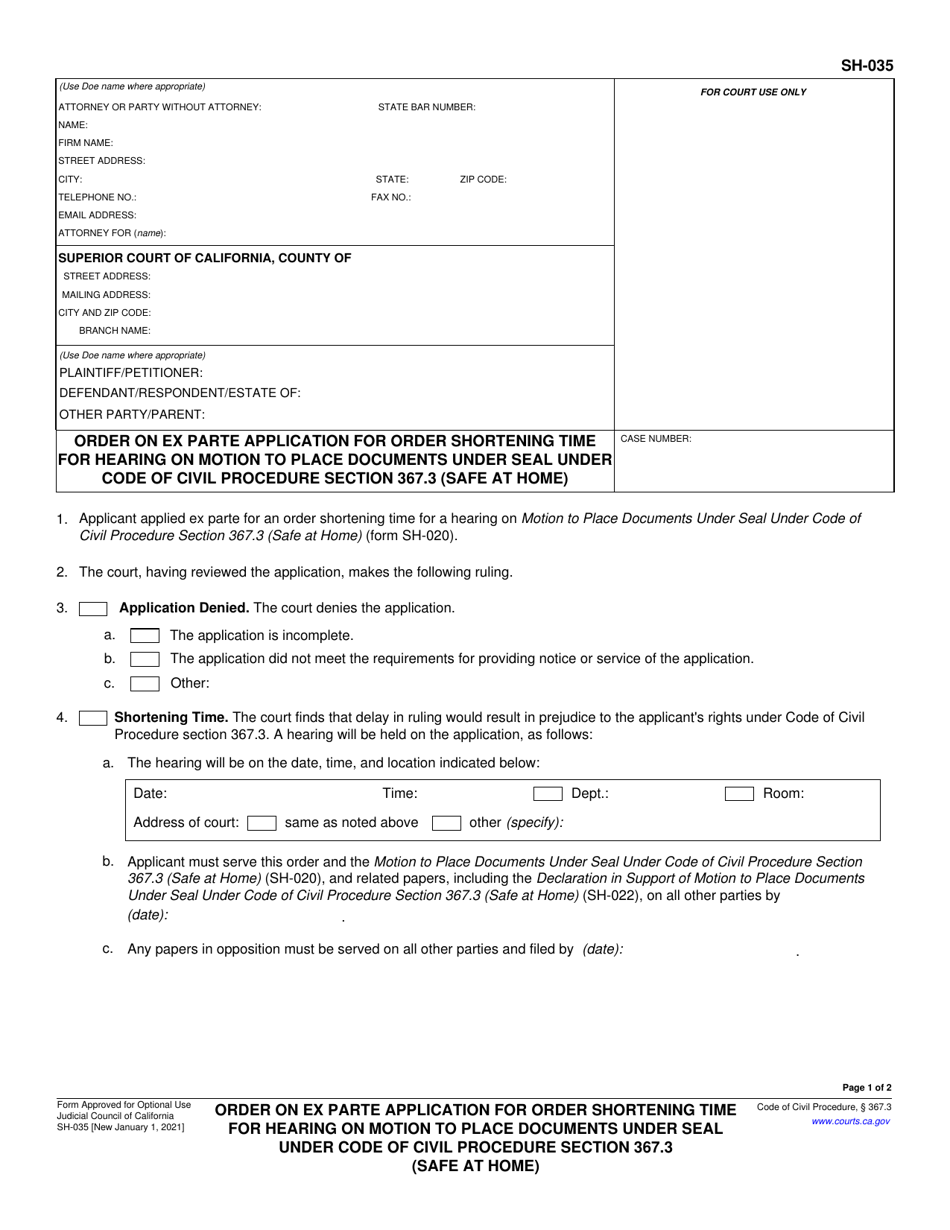 Form SH-035 Order on Ex Parte Application for Order Shortening Time for Hearing on Motion to Place Documents Under Seal Under Code of Civil Procedure Section 367.3 (Safe at Home) - California, Page 1