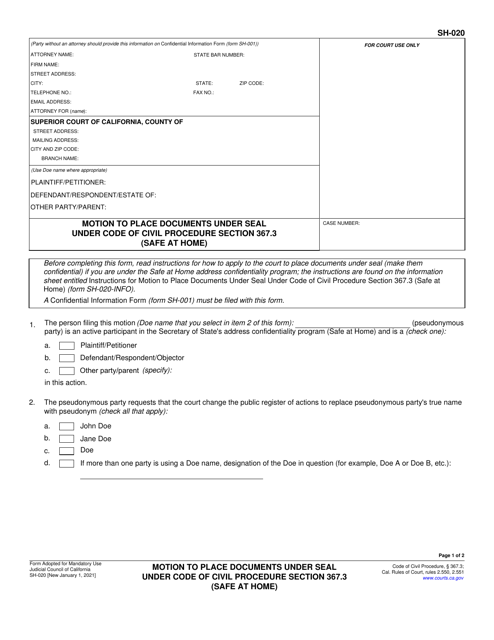 Form SH-020 Motion to Place Documents Under Seal Under Code of Civil Procedure Section 367.3 (Safe at Home) - California