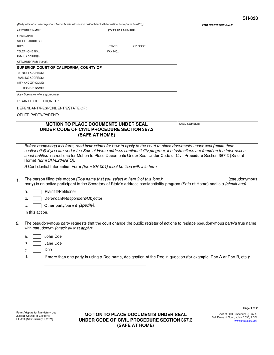 Form SH-020 Motion to Place Documents Under Seal Under Code of Civil Procedure Section 367.3 (Safe at Home) - California, Page 1