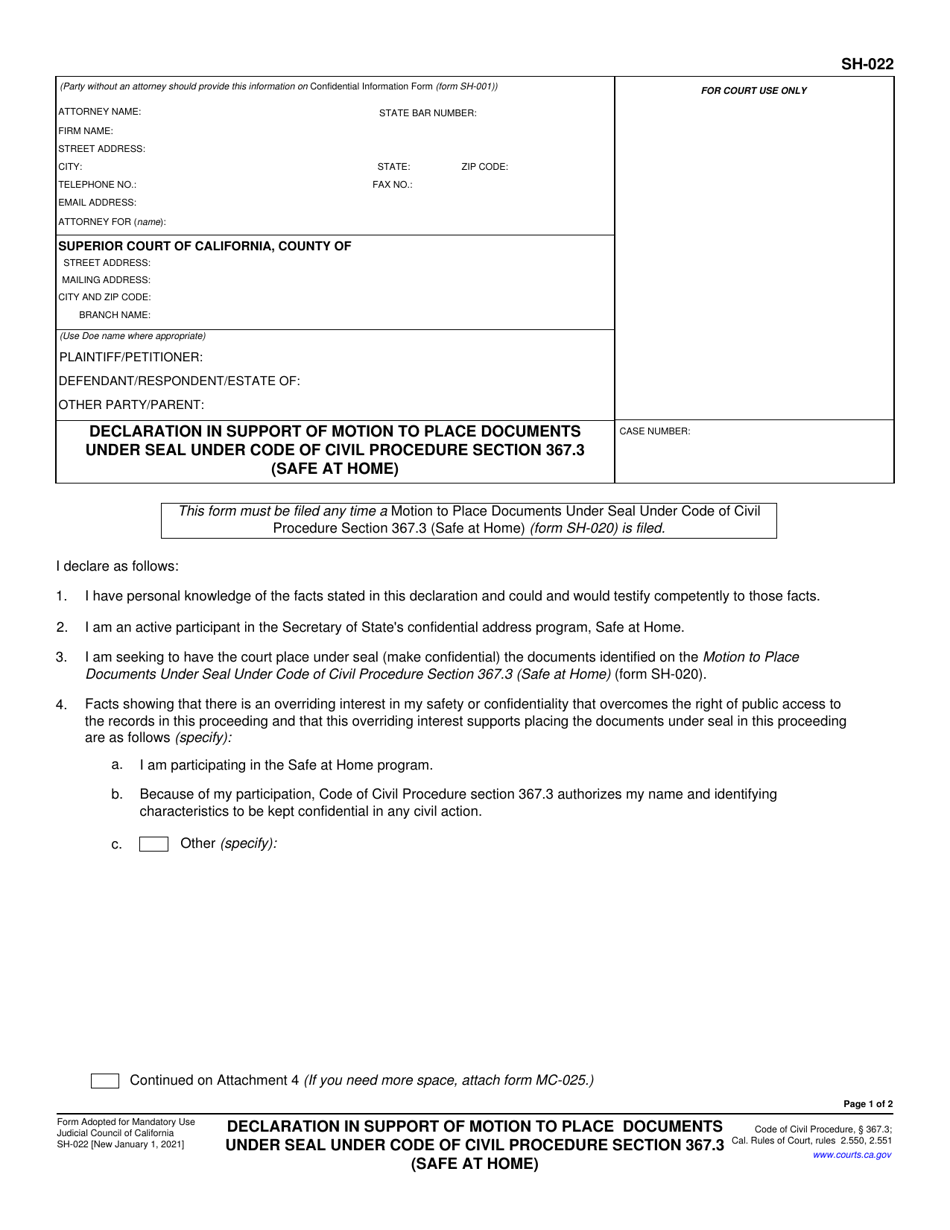 Form SH-022 Declaration in Support of Motion to Place Documents Under Seal Under Code of Civil Procedure Section 367.3 (Safe at Home) - California, Page 1