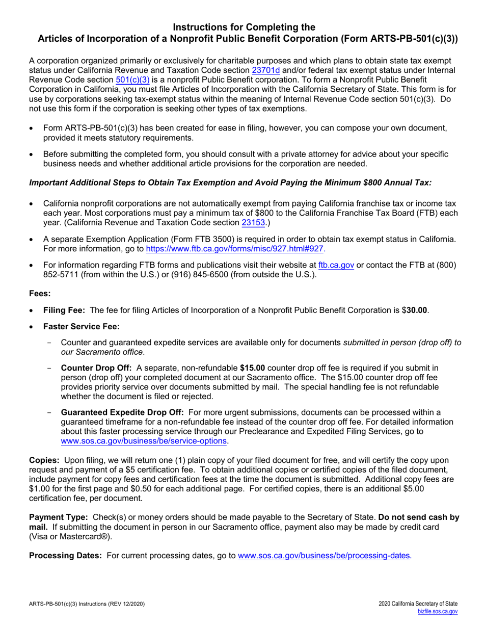 Form ARTS-PB-501(C)(3) Articles of Incorporation of a Nonprofit Public Benefit Corporation - California, Page 2