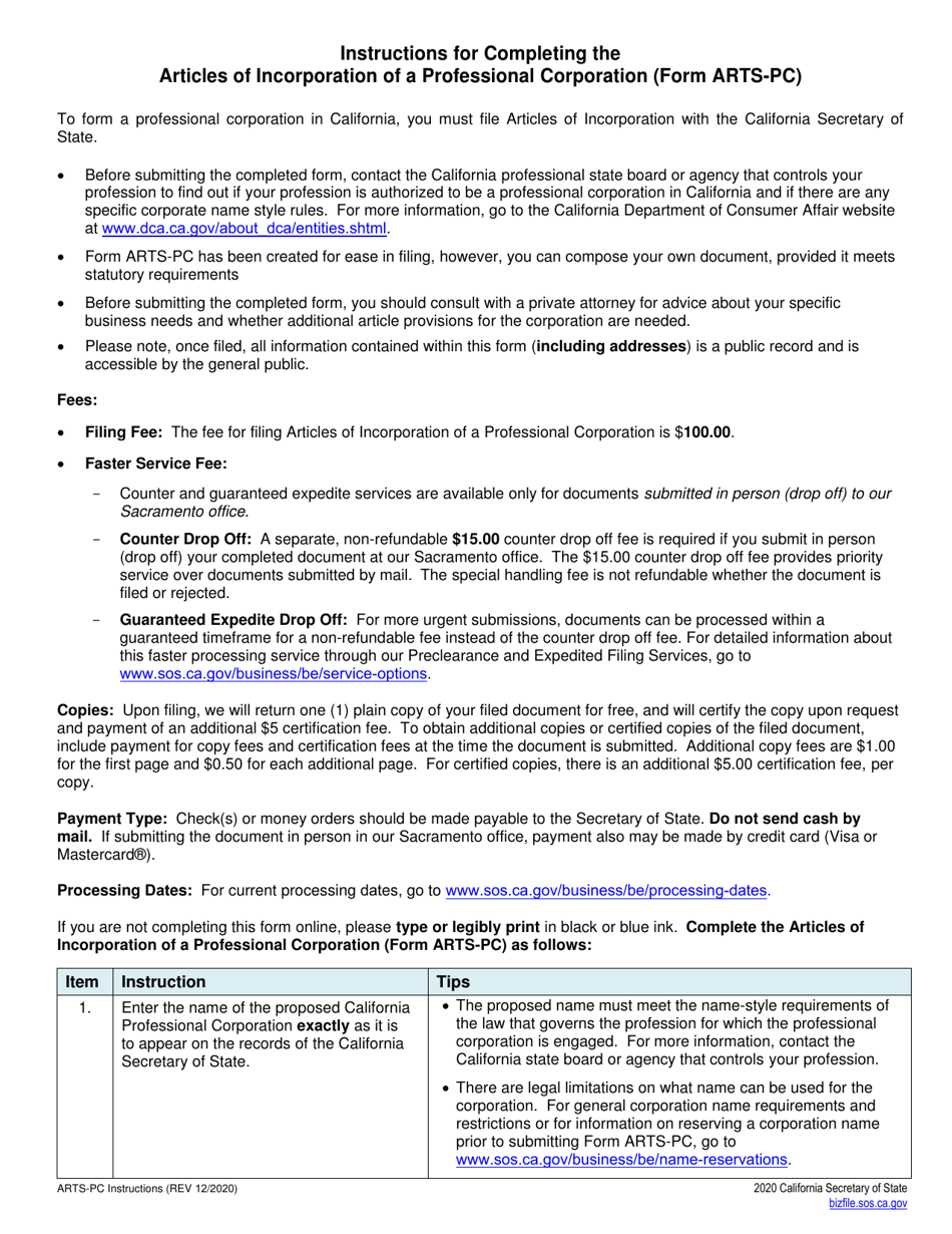 Form ARTS-PC Articles of Incorporation of a Professional Corporation - California, Page 2