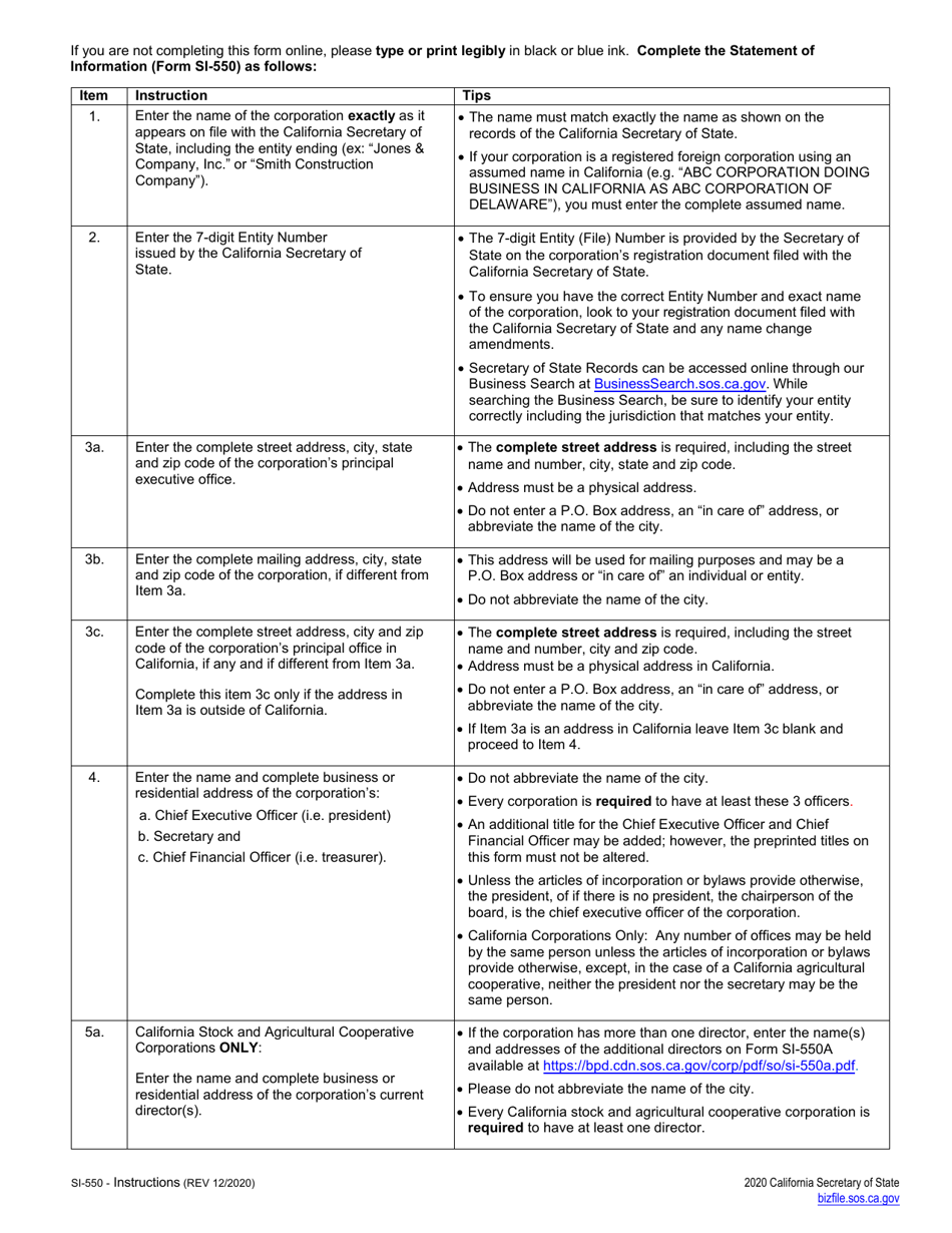 Form SI-550 Statement of Information (California Stock, Agricultural Cooperative and Foreign Corporations) - California, Page 2