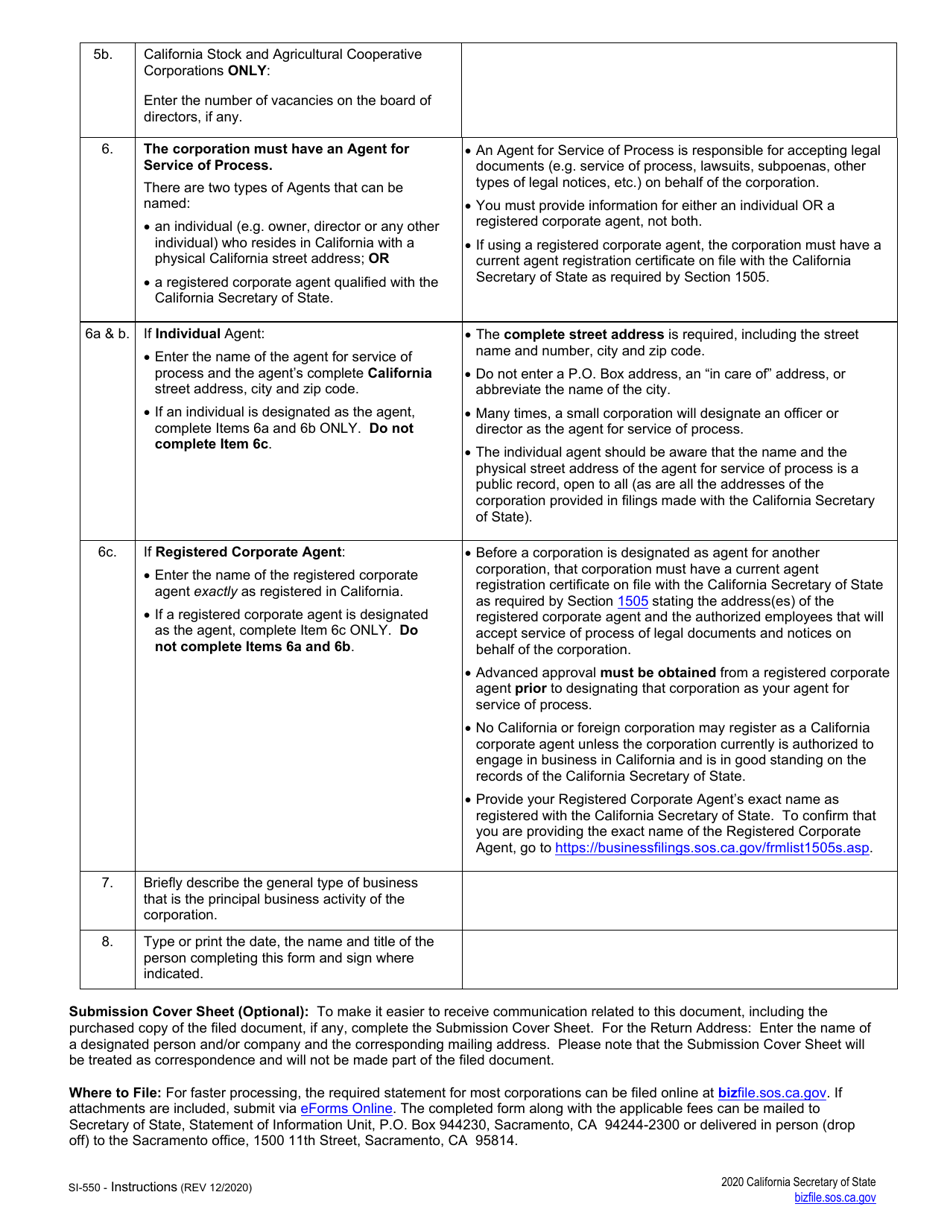 Form SI-550 Statement of Information (California Stock, Agricultural Cooperative and Foreign Corporations) - California, Page 3