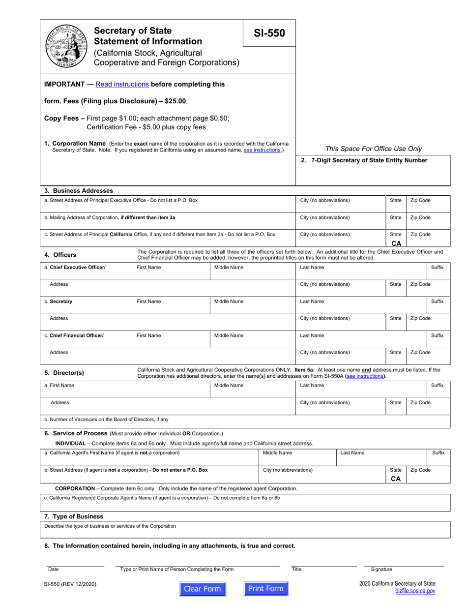 Form SI-550 Statement of Information (California Stock, Agricultural Cooperative and Foreign Corporations) - California, Page 6