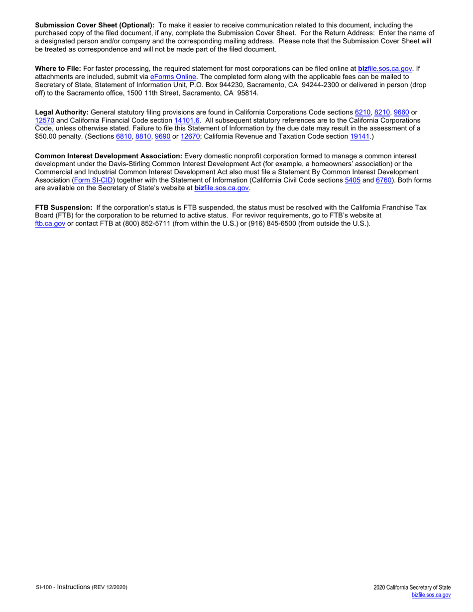 Form SI-100 Statement of Information - California, Page 4