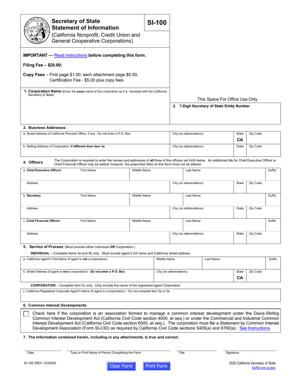 Form SI-100 Statement of Information - California, Page 6