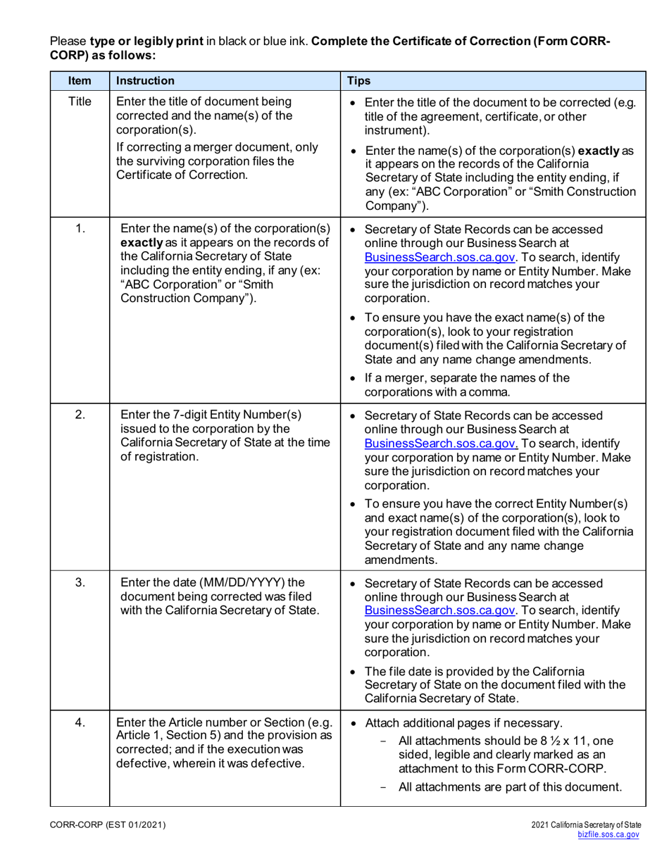 Form CORR-CORP Certificate of Correction - California, Page 2