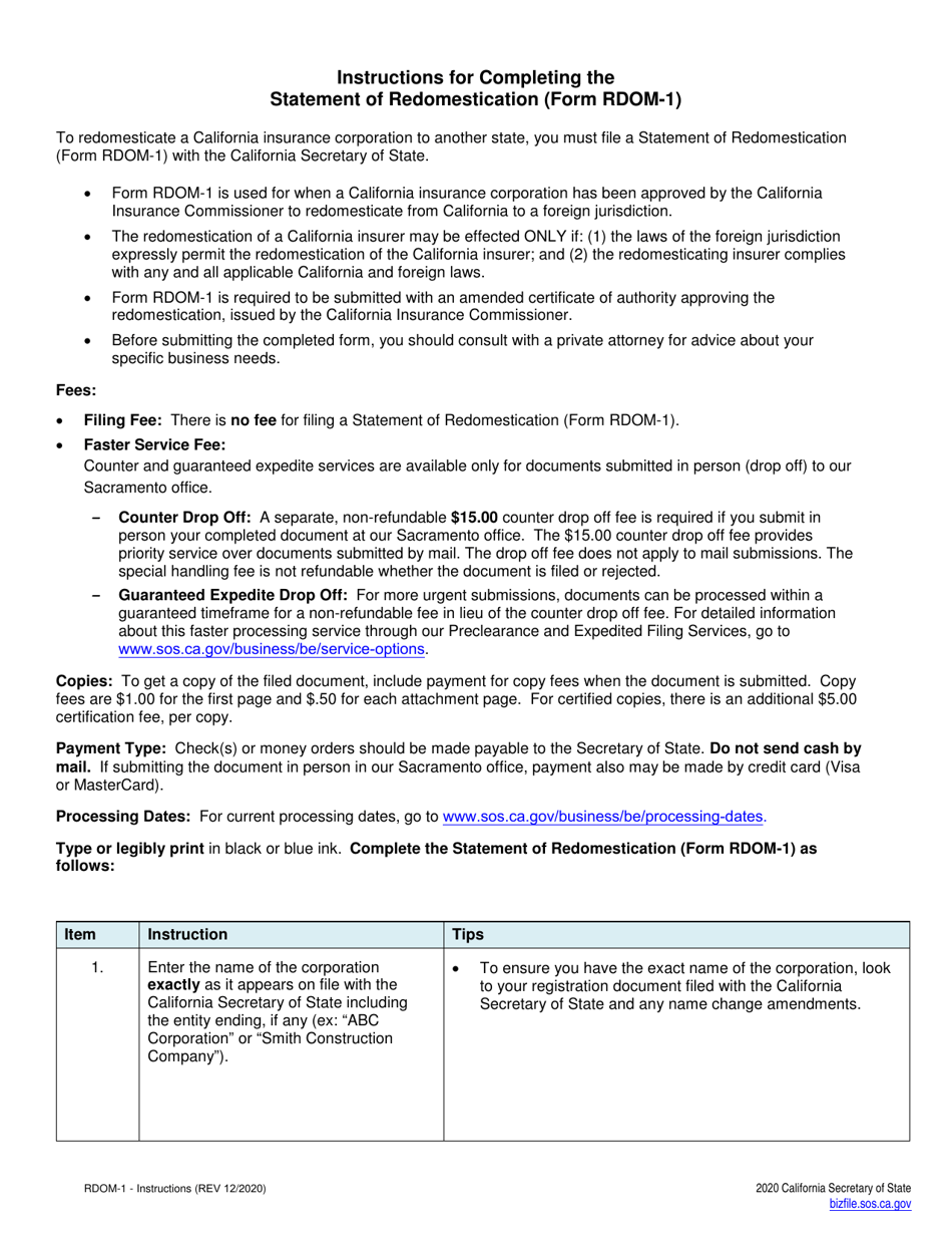 Form RDOM-1 Statement of Redomestication (California Insurer Only) - California, Page 1