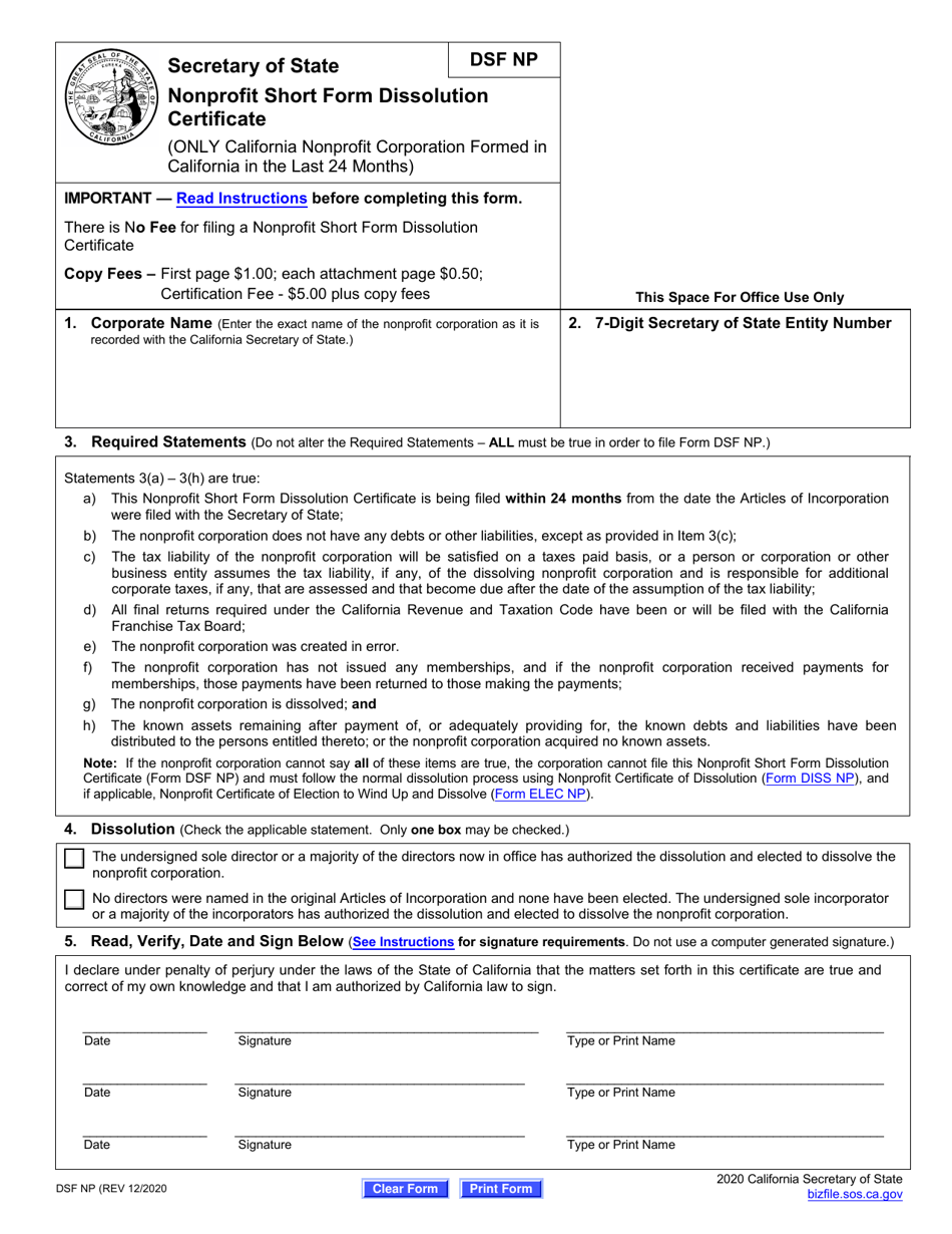 Form DSF NP Nonprofit Short Form Dissolution Certificate - California, Page 6